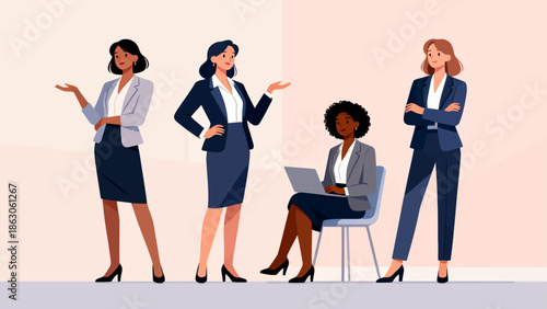 Four women in business attire in an office setting