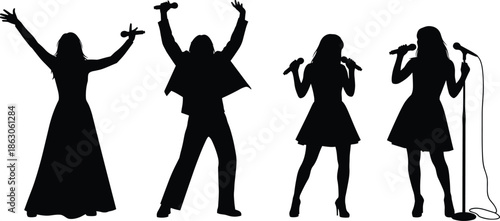 A set of four dynamic music silhouettes, depicting performers on stage singing and dancing, capturing the energy of a live concert.
