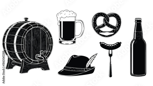 Black and white vintage vector art of wooden beer barrel mug with foam pretzel sausage hat and beer bottle isolated
