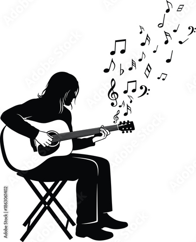 A silhouette of a musician playing an acoustic guitar, with musical notes floating from the instrument, representing creativity, passion, and artistic expression.