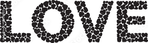 The word love spelled out with small black heart shapes on a white background