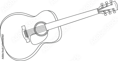 Acoustic guitar line drawing, minimalist vector sketch, musical instrument illustration, black and white outline, artistic design for music-themed creative projects