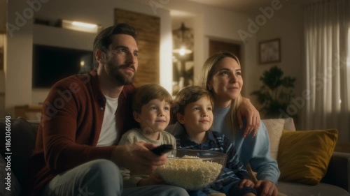 A happy family with two young boys enjoying a movie night at home, eating popcorn and watching TV together in their cozy living room.