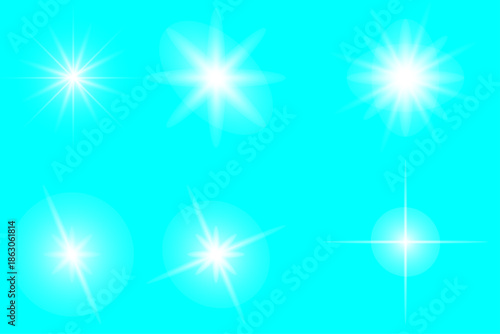 Set of glowing light burst and lens flare effects on bright turquoise background. Abstract sparkle stars for overlays, highlights, magical effects, UI, posters, and digital design.