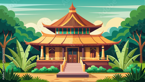 A traditional Javanese wooden house with a distinctive roof and ornate architectural details, surrounded by lush greenery.