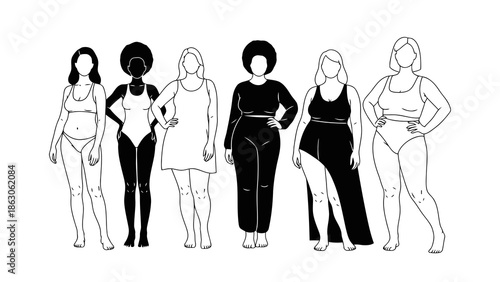 Diverse women standing together in various outfits