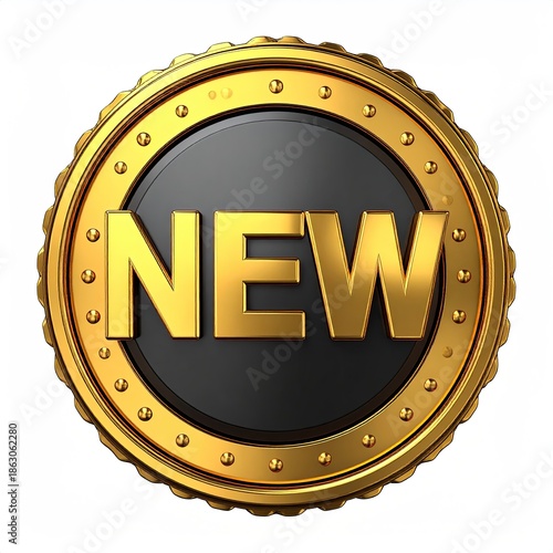 Gold-rimmed circular badge, ?NEW? text in gold on dark gray background