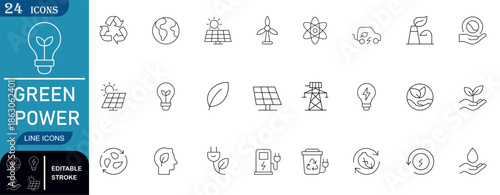 Set of 24 green power line icons featuring solar energy, wind turbines, recycling, and eco-friendly tech. Perfect for sustainability projects and clean energy UI.