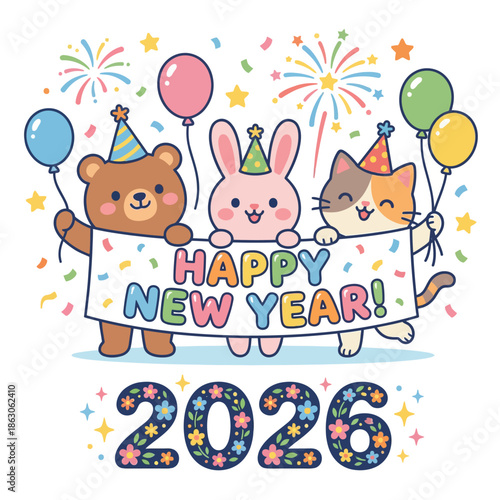 Charming animal friends usher in the New Year 2026 with joyful banners, colorful balloons, and festive fireworks, celebrating new beginnings and happiness
