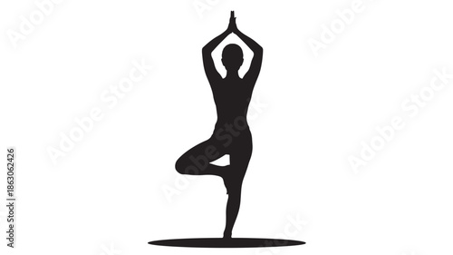 Black Silhouette Woman Doing Yoga Tree Pose on White Background