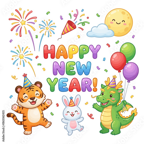 Vibrant New Year celebration with cheerful cartoon animals. Festive tiger, happy dragon, and cute bunny rejoice amidst colorful fireworks, balloons, and confetti, spreading joy