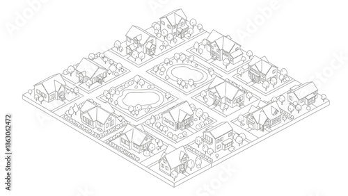 Detailed illustration of residential neighborhood with houses and trees