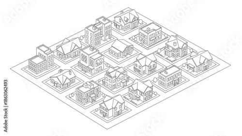 Isometric view of residential neighborhood with various houses and buildings