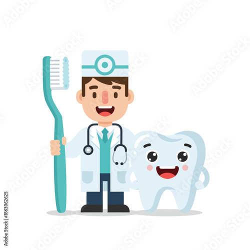 Smiling Dentist with Tooth and Toothbrush.