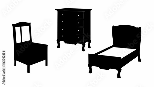 Silhouettes of antique chair, dresser, and bed