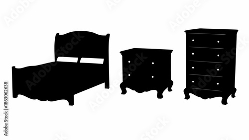 Silhouette of modern bedroom furniture set with bed and dressers