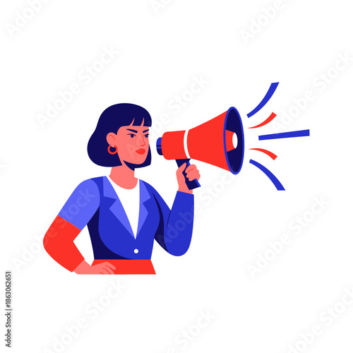 Woman Shouting Through Megaphone Loudly.