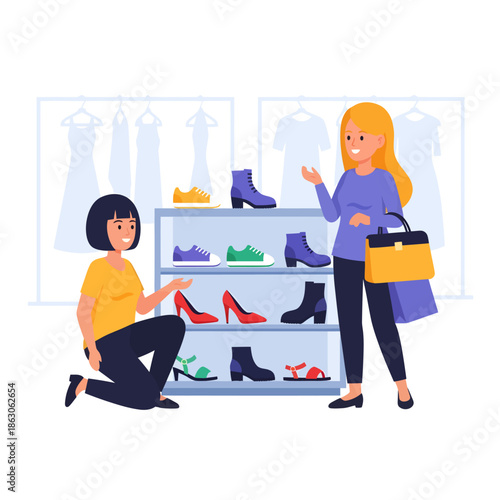 Woman shopping for shoes with sales assistant.