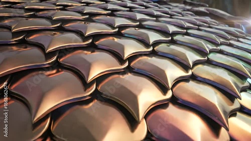 Colorful metallic scales overlapping on a modern architectural structure