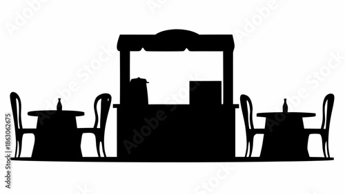 Silhouette of a cozy outdoor dining setup with tables and chairs