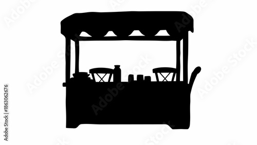 Black silhouette of a food cart with canopy and utensils