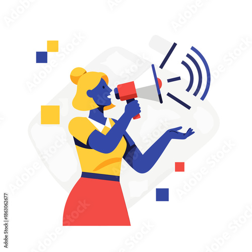 Woman Shouting Through Megaphone Loudspeaker.