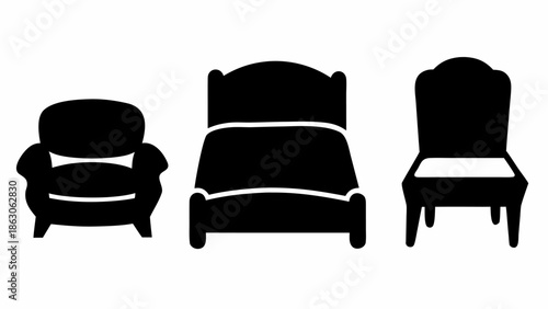 Silhouettes of modern furniture including armchair and bed