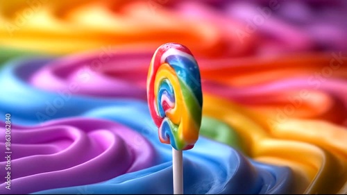 Colorful Lollipop Against Swirled Rainbow Background