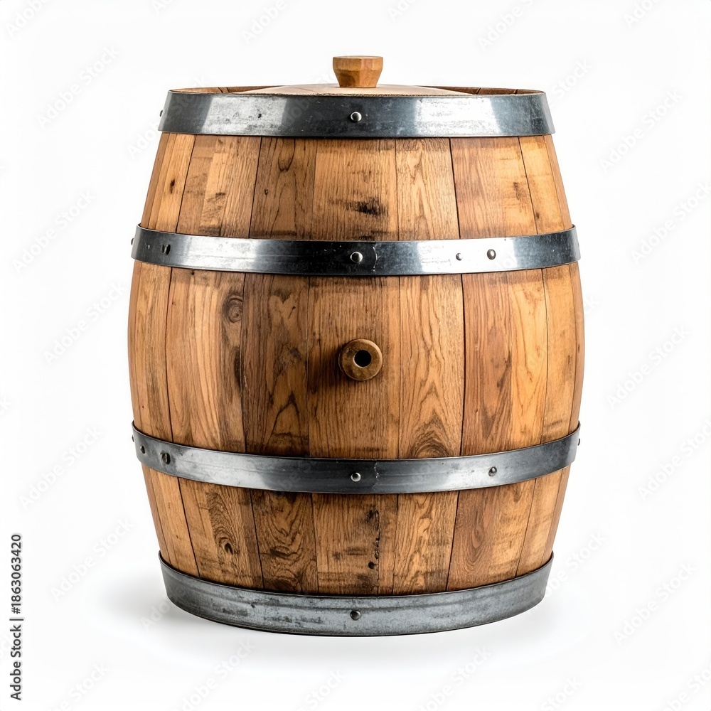 Fototapeta premium Wooden barrel with metal rings, a spigot, and a rounded wooden lid