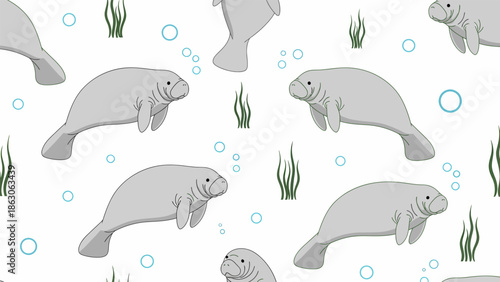 Multiple Manatees Swimming in Water Illustration.
