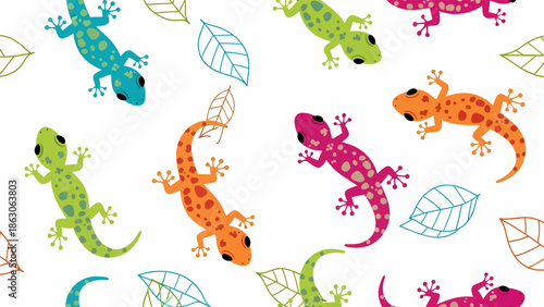 Colorful Cartoon Lizards on White Background.