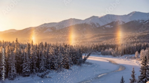 Wallpaper Mural A breathtaking spectacle unfolds as the sun's rays dance with ice crystals, creating three radiant sun pillars above a snow-covered landscape. Majestic mountains frame the scene. Torontodigital.ca