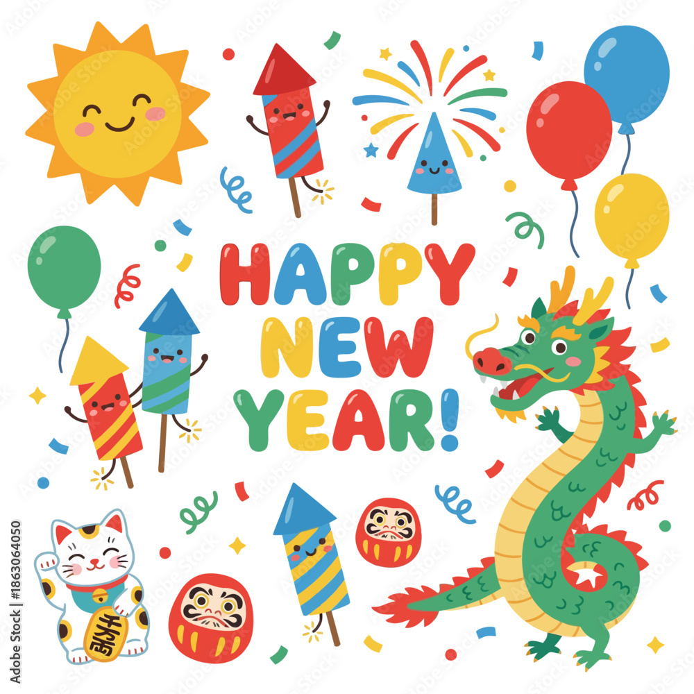 Naklejka premium Happy New Year Celebration with Festive Dragon, Fireworks, and Lucky Charms