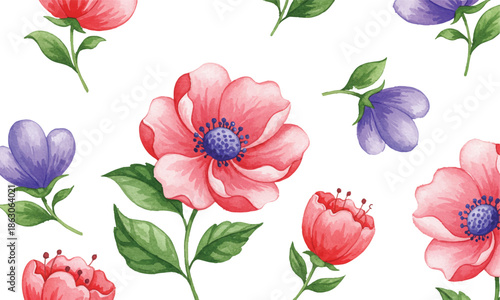 A beautiful floral pattern featuring pink and purple flowers on a white background viewed from directly above