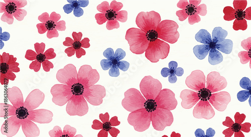 Vibrant floral pattern featuring red and blue flowers on a white background