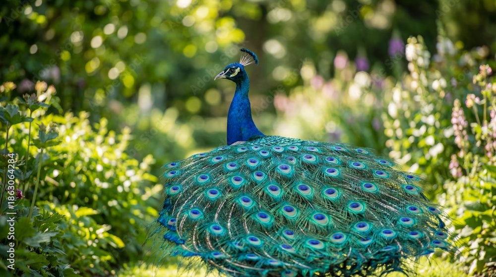 Obraz premium A Majestic Peacock displaying its stunning plumage in a vibrant garden, a visual symphony of color and elegance, symbolizing beauty and grace in its natural habitat.