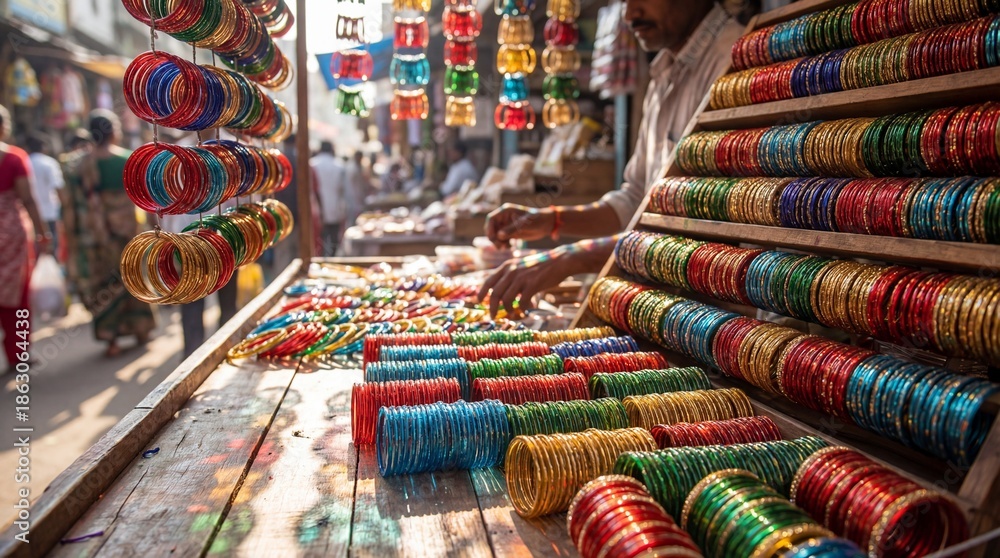 Fototapeta premium A vivid street market scene, showcasing the vibrant array of colorful bangles on display, attracting potential customers.