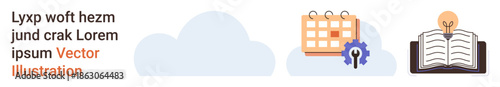 Cloud computing, data organization, idea generation, online storage, productivity tools, technological concepts. Three icons a cloud, a calendar with a gear and an open book with a bulb. Cloud