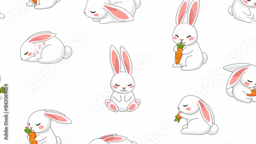 Cute White Cartoon Rabbits with Carrots.
