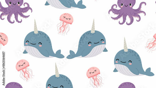 Cute Cartoon Narwhals Swimming with Sea Creatures.