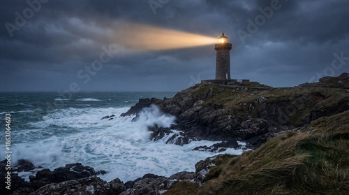 A weathered lighthouse stands sentinel against a dramatic, stormy seascape, its beacon of light cutting through the tumultuous waves and brooding sky. 