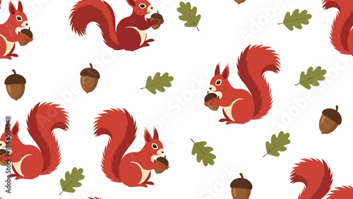 Red Squirrel Illustration Pattern with Acorns.