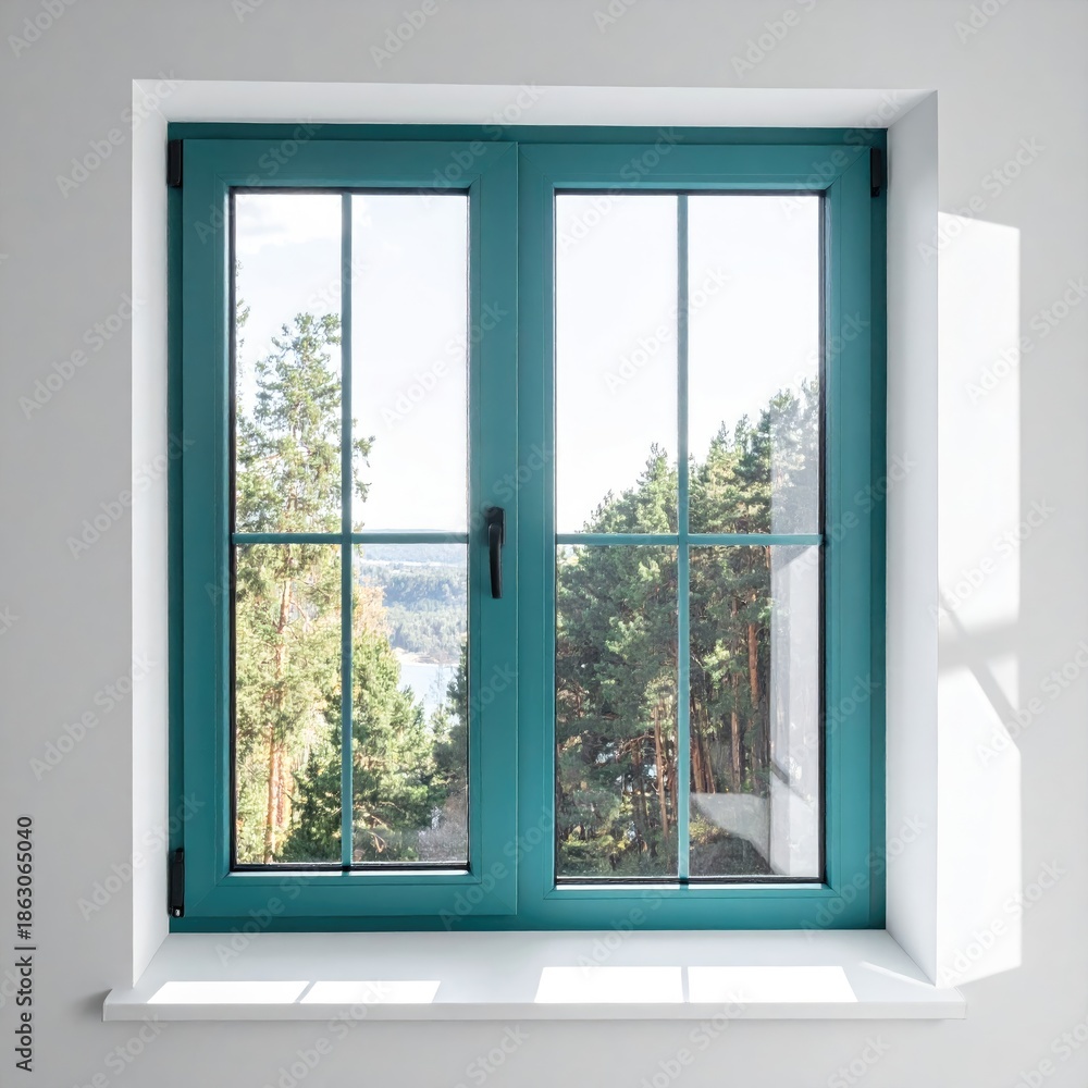 Fototapeta premium Teal framed window with grid pattern and bright outdoor view