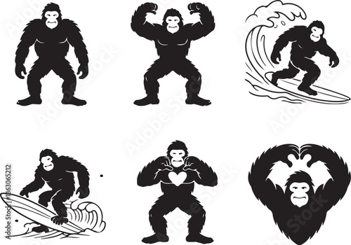 A gorilla is shown in various poses and activities