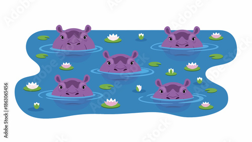 Hippopotamus Illustration in Water Scene.