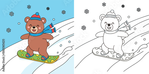 Coloring book page for kids featuring a cute cartoon bear snowboarding on a winter hill. Vector illustration of a happy teddy bear in winter gear with color reference and outline.