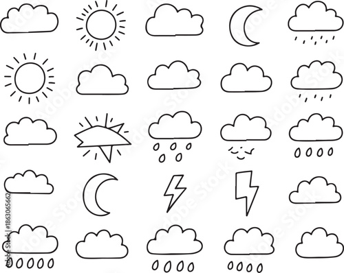 A collection of weather icons on a white background