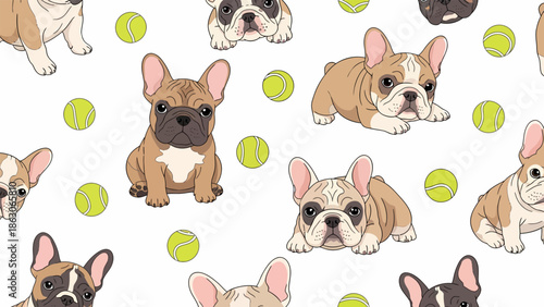 French Bulldog Puppies Playing with Tennis Balls.