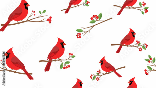 Red Cardinal Birds on Branches Pattern.
