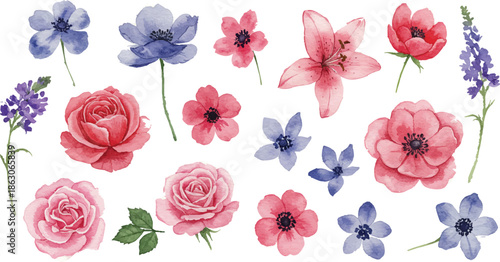 A collection of pink roses and blue flowers arranged in a floral pattern on a white background